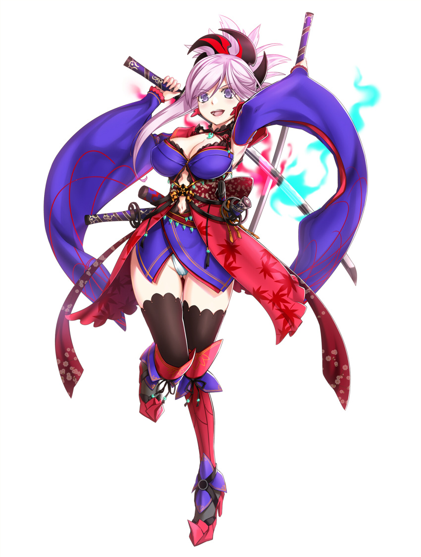 &gt;:d 1girl :d armpits arms_up belt black_legwear boots breasts cleavage detached_sleeves dual_wielding erect_nipples eyebrows_visible_through_hair fate/grand_order fate_(series) floral_print full_body gluteal_fold hair_ornament hat high_heels highres holding holding_sword holding_weapon japanese_clothes katana kimono knee_up kurobuchi_numama large_breasts lavender_hair leaf_print leotard long_hair looking_at_viewer md5_mismatch miyamoto_musashi_(fate/grand_order) navel open_mouth ponytail purple_hair sheath sheathed simple_background smile solo sword teeth thigh-highs unsheathed violet_eyes weapon white_background white_leotard wide_sleeves