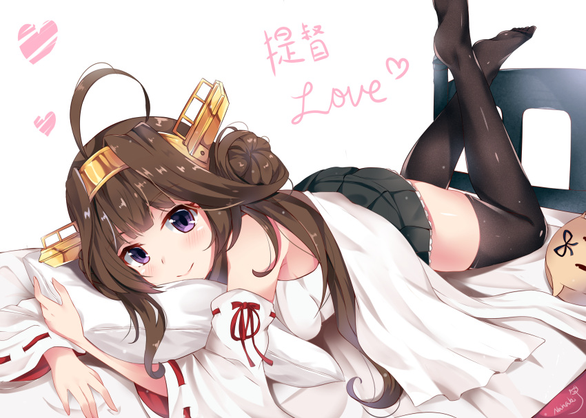 1girl ahoge bare_shoulders bed black_legwear boots brown_hair detached_sleeves double_bun hairband highres japanese_clothes kantai_collection kongou_(kantai_collection) long_hair looking_at_viewer lying nontraditional_miko on_stomach pillow remodel_(kantai_collection) ribbon-trimmed_sleeves ribbon_trim sin-poi solo the_yuudachi-like_creature thigh-highs thigh_boots violet_eyes