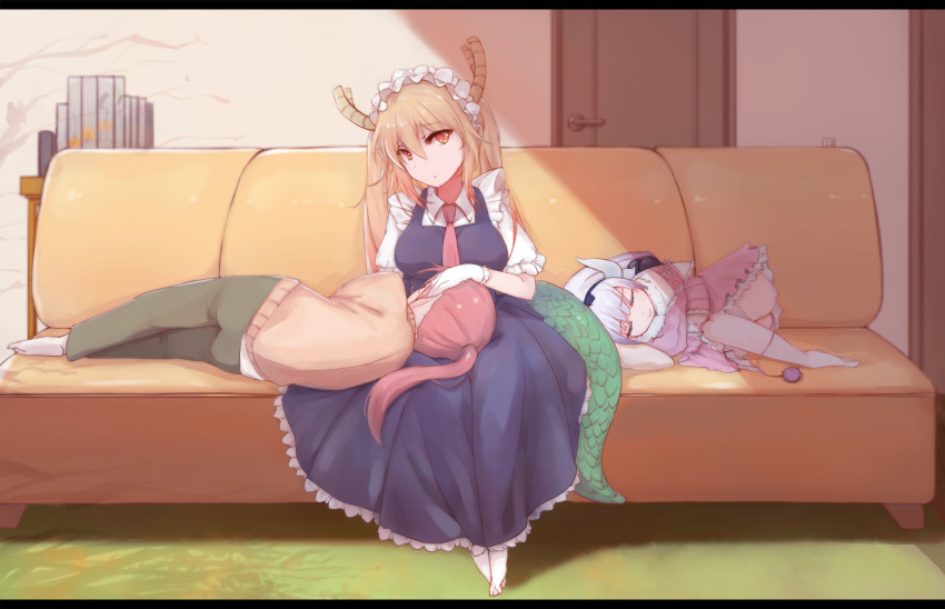 3girls ass bangs beads black_hairband blonde_hair blunt_bangs breasts capelet child couch dragon_girl dragon_horns dragon_tail dress facing_away gloves hair_beads hair_ornament hairband highres horns indoors kanna_kamui kobayashi-san_chi_no_maidragon kobayashi_(maidragon) lap_pillow large_breasts letterboxed long_hair looking_at_viewer lying maid maid_headdress medium_hair multiple_girls necktie no_shoes on_couch on_side panchira_(lying) panties pantyshot ponytail red_eyes red_necktie redhead room short_sleeves silver_hair sitting sleeping tail tooru_(maidragon) trio twintails underwear white_gloves white_legwear white_panties yukineko yuri