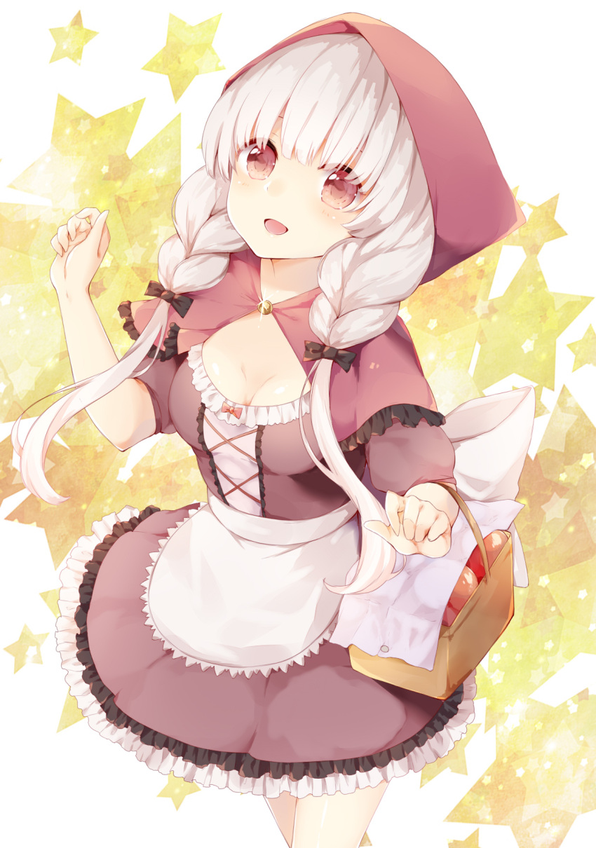 1girl :d apron azuki_(krps-hano) bangs black_ribbon blush braid breasts brown_dress brown_eyes capelet cleavage cowboy_shot dress food frilled_dress frills fruit hair_ribbon hands_up head_scarf highres holding_basket large_breasts little_red_riding_hood little_red_riding_hood_(grimm) long_hair looking_up low_twintails open_mouth original picnic_basket ribbon short_sleeves smile solo star starry_background tress_ribbon twin_braids twintails waist_apron white_hair