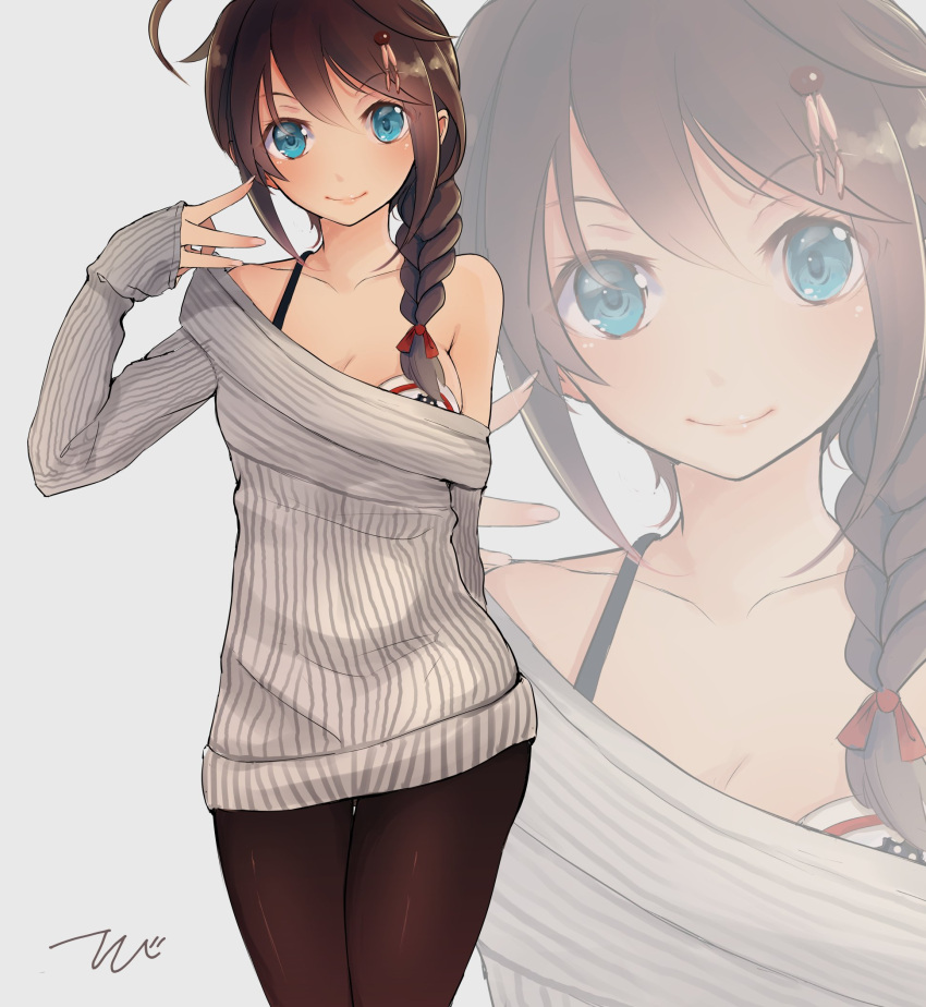 1girl adapted_costume ahoge artist_name bikini black_bikini blue_eyes braid breasts brown_hair cleavage collarbone dress grey_background hair_flaps hair_ornament hair_over_shoulder hand_to_own_mouth highres kantai_collection long_sleeves looking_at_viewer medium_breasts off-shoulder_sweater off_shoulder pantyhose remodel_(kantai_collection) ribbed_sweater shigure_(kantai_collection) sleeves_past_wrists smile sweater sweater_dress swimsuit swimsuit_under_clothes tebi_(tbd11) zoom_layer