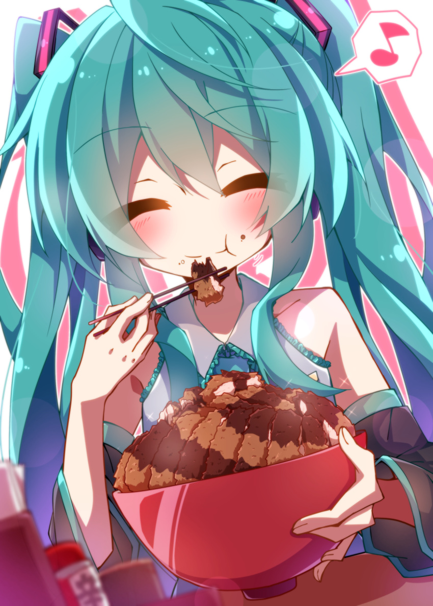 1girl aosaki_yato bangs blush bowl chopsticks closed_eyes crumbs detached_sleeves eating food green_hair hair_ornament happy hatsune_miku highres holding holding_bowl holding_chopsticks meat musical_note necktie pale_skin sidelocks smile solo twintails vocaloid