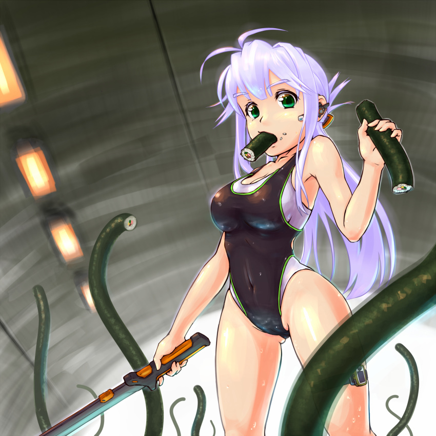 1girl black_swimsuit competition_swimsuit covered_navel ehoumaki food from_below gluteal_fold green_eyes highres hokkyoku long_hair looking_at_viewer makizushi mouth_hold one-piece_swimsuit original solo standing sushi swimsuit sword tentacle weapon white_hair