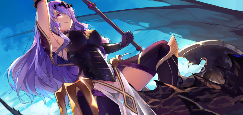 1girl arm_up armor armored_boots armpits axe baisi_shaonian black_boots black_gloves black_panties blue_sky boots breastplate breasts camilla_(fire_emblem_if) capelet closed_mouth clouds cloudy_sky creature day eyelashes faulds fire_emblem fire_emblem_if gloves hair_over_one_eye highres holding holding_weapon large_breasts lips loincloth long_hair looking_at_viewer one_eye_covered panties pelvic_curtain polearm purple_hair red_eyes riding see-through sky smile solo string_panties thigh-highs thigh_boots thigh_gap underwear very_long_hair violet_eyes wavy_hair weapon