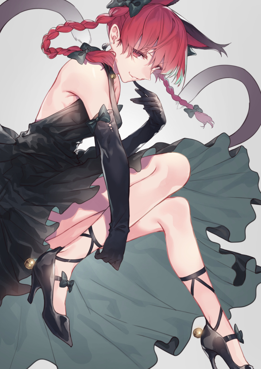 1girl alternate_costume animal_ears bare_legs bare_shoulders bell black_bow black_gloves black_shoes bow braid breasts cat_ears cat_tail dress elbow_gloves finger_to_mouth from_side gloves grey_background hair_bow heart heart_tail high_heels highres invisible_chair jingle_bell kaenbyou_rin leg_up long_hair looking_at_viewer medium_breasts multiple_tails nekomata no_legwear no_socks parted_lips pointy_ears red_eyes redhead seductive_smile shoes simple_background sitting sleeveless sleeveless_dress smile tail touhou twin_braids two_tails uu_uu_zan