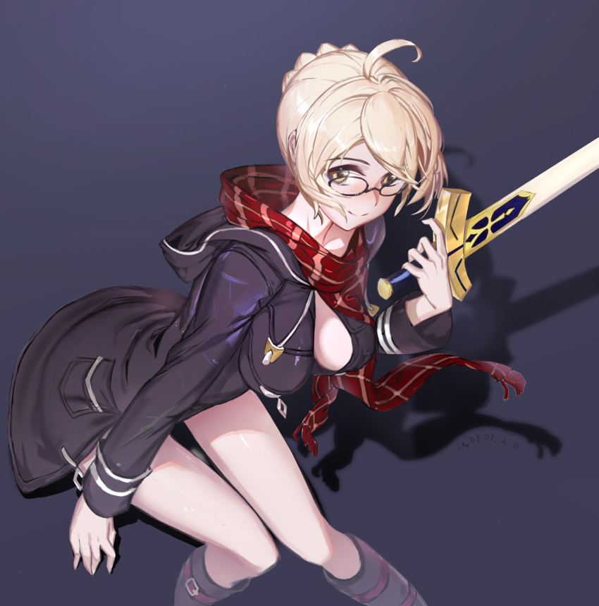 1girl ahoge arm_at_side bangs belt_boots black-framed_eyewear black_background black_coat blonde_hair boots braid breasts closed_mouth coat drawstrings duffel_coat excalibur fate/grand_order fate_(series) french_braid fringe glasses hair_bun hand_up heroine_x heroine_x_(alter) holding holding_sword holding_weapon hood hood_down hooded_coat knee_boots long_sleeves looking_at_viewer medium_breasts naked_coat plaid plaid_scarf pocket purple_boots rabbit_(tukenitian) red_scarf saber scarf shadow short_hair sidelocks signature simple_background solo sword thigh-highs thigh_gap unsheathed weapon winter_clothes winter_coat yellow_eyes