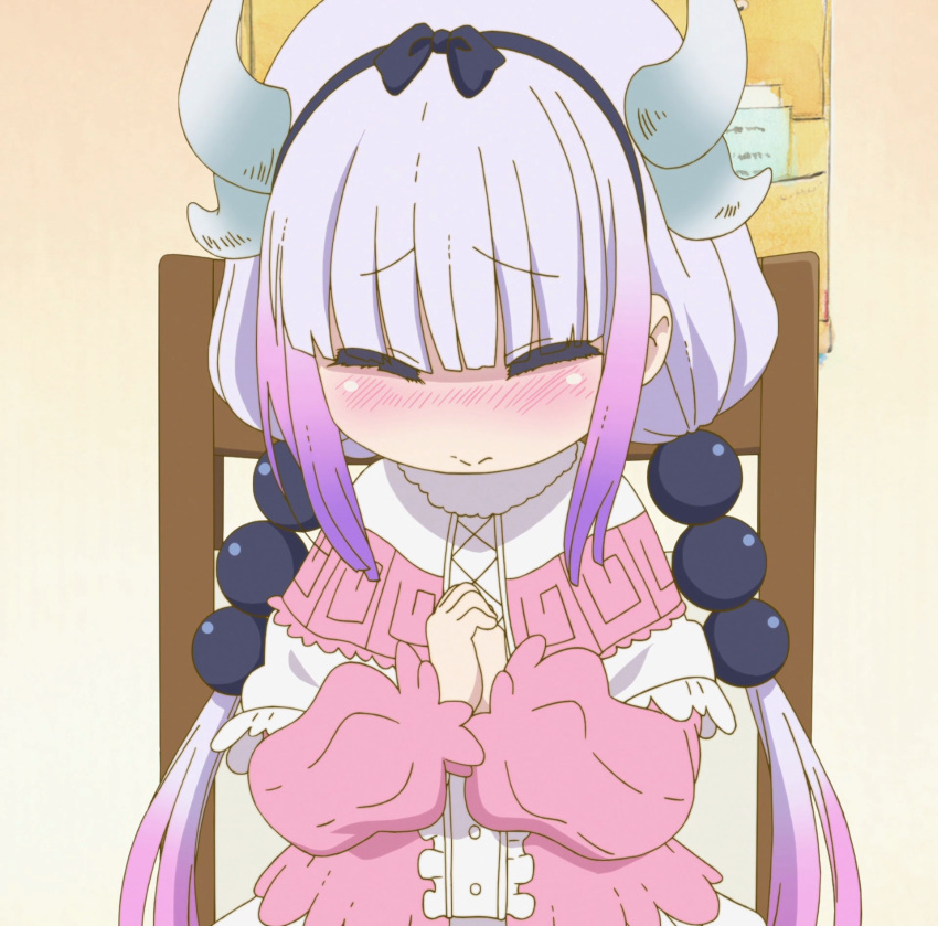 1girl beads blush closed_eyes eyebrows_visible_through_hair hair_beads hair_ornament highres horns kanna_kamui kobayashi-san_chi_no_maidragon multicolored_hair screencap stitched twintails