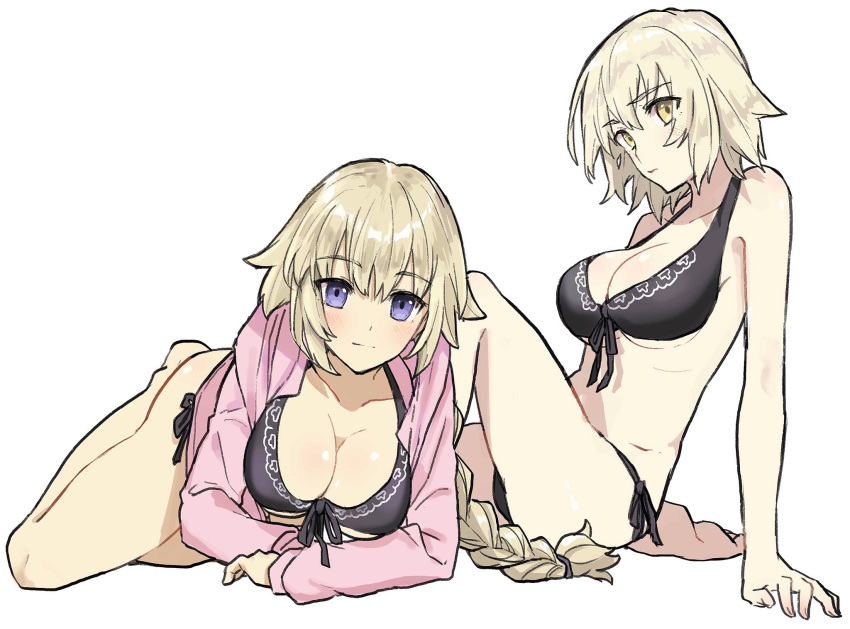 2girls arm_support bare_legs barefoot bikini black_bikini blonde_hair blush braid breasts cleavage eyebrows_visible_through_hair fate/apocrypha fate/grand_order fate_(series) front-tie_bikini front-tie_top full_body halterneck highres jacket jeanne_alter large_breasts leaning_back light_smile long_hair looking_at_viewer lying multiple_girls nari ruler_(fate/apocrypha) short_hair side-tie_bikini simple_background single_braid sitting swimsuit violet_eyes white_background yellow_eyes