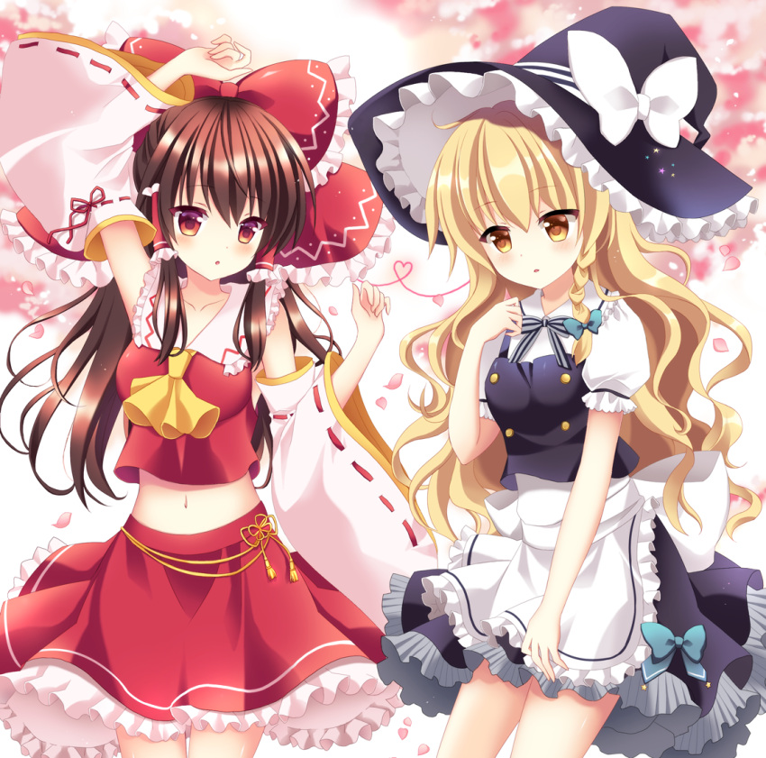 2girls ascot black_skirt blonde_hair bow braid brown_eyes brown_hair crop_top detached_sleeves hair_bow hair_tubes hakurei_reimu hat kirisame_marisa long_hair mayo_(miyusa) midriff multiple_girls navel puffy_short_sleeves puffy_sleeves red_shirt red_skirt shirt short_sleeves sidelocks single_braid skirt skirt_set sleeveless sleeveless_shirt touhou vest wavy_hair white_shirt witch_hat yellow_eyes