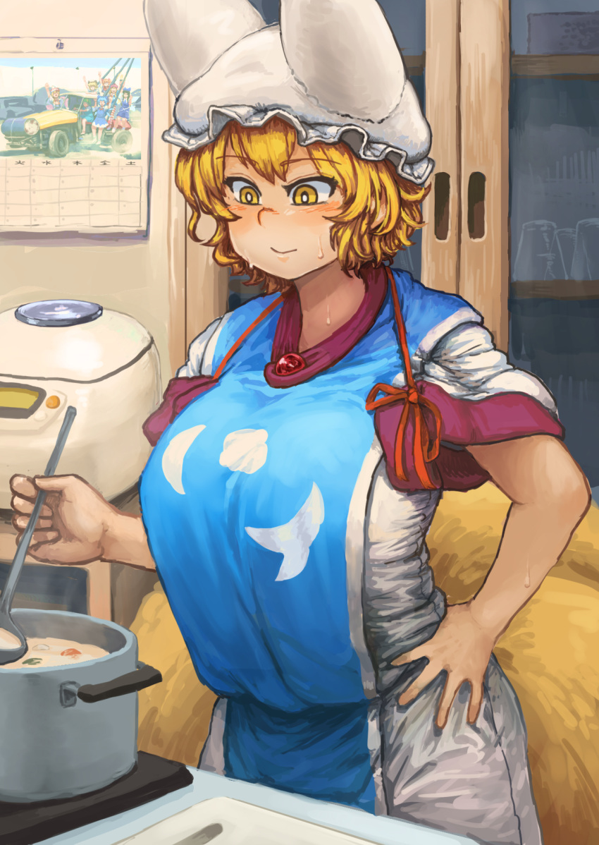 1girl animal_ears blonde_hair breasts bright_pupils calendar_(object) chanta_(ayatakaoisii) cirno cooking cowboy_shot cutting_board daiyousei dress eyebrows_visible_through_hair food fox_ears fox_tail hand_on_hip hat highres holding huge_breasts indoors kitchen lily_white long_sleeves luna_child multiple_tails pillow_hat pot rice_cooker sleeves_rolled_up smile solo standing star_sapphire sunny_milk sweat tabard tail touhou white_dress wide_sleeves yakumo_ran yellow_eyes