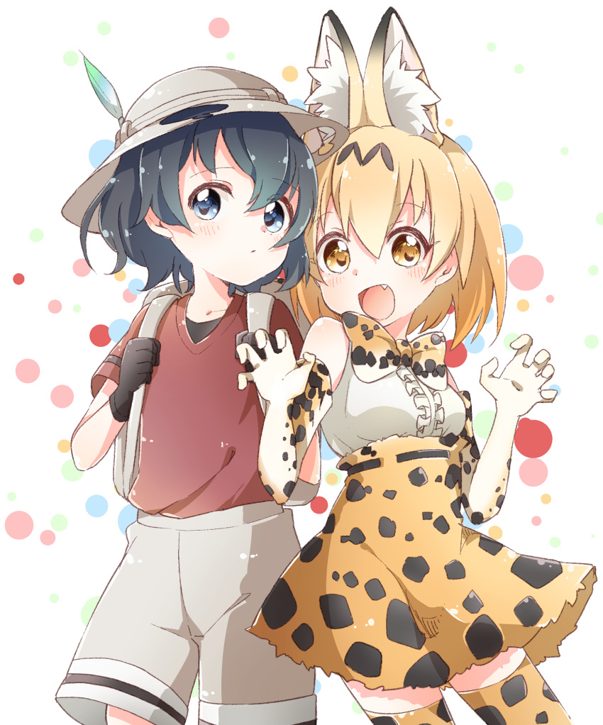 2girls :d animal_ears backpack bafarin bag bangs bare_shoulders black_gloves black_hair blonde_hair blue_eyes blush bow bowtie breasts cat_ears cat_tail claw_pose collarbone commentary_request cowboy_shot elbow_gloves eyebrows_visible_through_hair fang flat_chest frills gloves hair_between_eyes hat hat_feather highres kaban kemono_friends looking_at_viewer multiple_girls open_mouth print_legwear print_skirt ribbon-trimmed_skirt safari_hat serval_(kemono_friends) serval_ears shirt short_hair short_sleeves shorts skirt sleeveless smile t-shirt thigh-highs wavy_hair yellow_eyes zettai_ryouiki