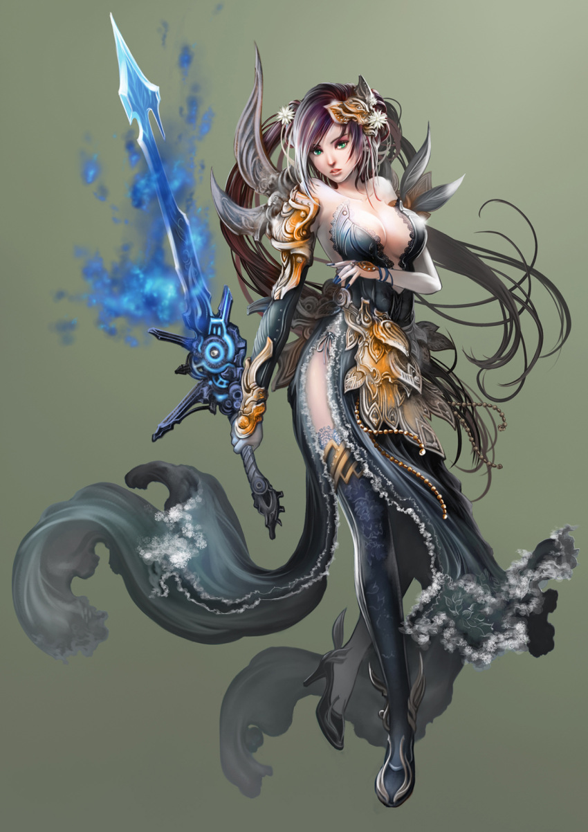 1girl antilous bare_shoulders blue_nails breasts brown_hair cleavage fantasy flower full_body green_eyes grey_background grey_shoes hair_flower hair_ornament high_heels highres holding holding_sword holding_weapon long_hair looking_at_viewer nail_polish original ponytail shoes solo standing sword very_long_hair weapon