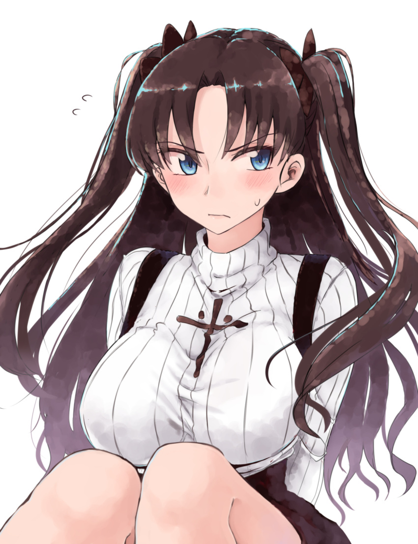 &gt;:( 1girl adapted_costume arms_behind_back bangs black_hair black_skirt blue_eyes breasts closed_mouth cross eyebrows_visible_through_hair eyelashes facing_viewer fate/stay_night fate_(series) flying_sweatdrops frown hair_ribbon highres knees_up large_breasts long_hair long_sleeves looking_away looking_to_the_side parted_bangs pout ribbed_sweater ribbon rucchiifu side_glance simple_background sitting skirt solo suspender_skirt suspenders sweatdrop sweater tohsaka_rin two_side_up white_background white_sweater