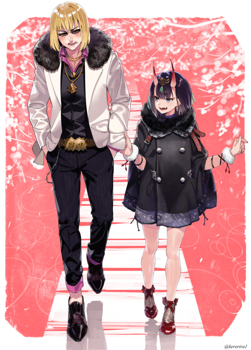 1boy 1girl arm_ribbon bangs bare_legs belt black_pants black_shirt black_shoes blazer blonde_hair blush bob_cut clothes_grab collared_shirt double-breasted fang fate/grand_order fate_(series) fingernails fishnets full_body fur_trim gem hair_ornament hands_in_pockets height_difference high_heels highres horns jacket jewelry kerorira long_sleeves necklace oni oni_horns open_mouth outside_border pants poncho purple_hair red_background red_shoes ribbon ripples sakata_kintoki_(fate/grand_order) shadow shiny shiny_hair shirt shoes short_hair shuten_douji_(fate/grand_order) side-by-side sunglasses twitter_username violet_eyes walking white_border white_jacket wrist_cuffs