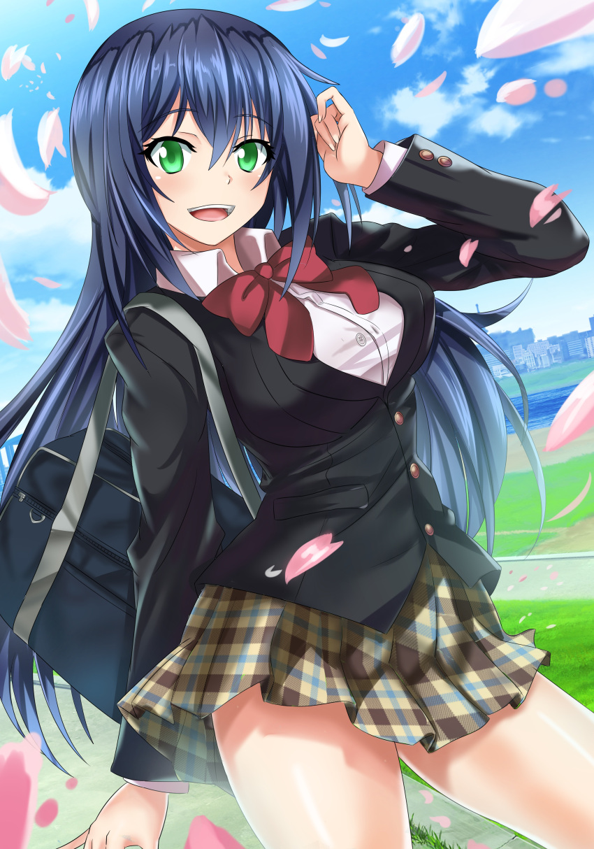 1girl :d absurdres bag bangs black_hair blazer blush bow bowtie breasts clouds cloudy_sky cowboy_shot day duffel_bag green_eyes hair_between_eyes highres jacket large_breasts long_hair long_sleeves looking_at_viewer nez-kun open_mouth original outdoors petals plaid plaid_skirt red_bow red_bowtie river school_uniform skirt sky smile solo very_long_hair