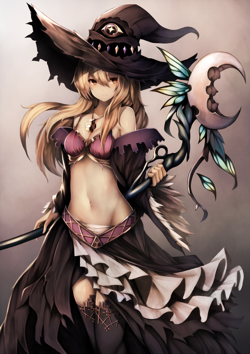 1girl bare_shoulders black_hat black_legwear blonde_hair blush breasts brown_eyes cleavage dorothy_(shingeki_no_bahamut) hat highres inaba_sunimi jewelry long_hair looking_at_viewer navel necklace shadowverse smile solo staff standing thigh-highs weapon witch witch_hat