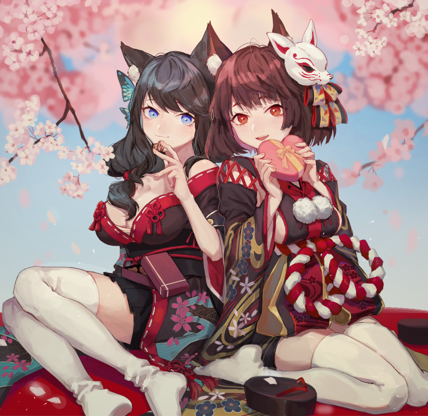 2girls :d akabane_yu animal_ears azur_lane bangs black_footwear black_hair black_kimono black_skirt blue_eyes blurry blurry_background blush box breasts brown_hair cat_ears cat_mask cherry_blossoms chocolate chocolate_heart cleavage closed_mouth collarbone depth_of_field eyebrows_visible_through_hair feet_out_of_frame floral_print food footwear_removed fusou_(azur_lane) geta hair_over_eyes heart heart-shaped_box highres holding holding_box holding_food japanese_clothes kimono knees_together_feet_apart large_breasts long_hair long_sleeves looking_at_viewer low-tied_long_hair low_ponytail mask mask_on_head medium_breasts multiple_girls no_shoes open_mouth pleated_skirt print_kimono red_eyes red_ribbon ribbon rope shimenawa sideboob sitting skirt smile tassel thigh-highs underbust upper_teeth wariza white_legwear wide_sleeves yamashiro_(azur_lane) yokozuwari