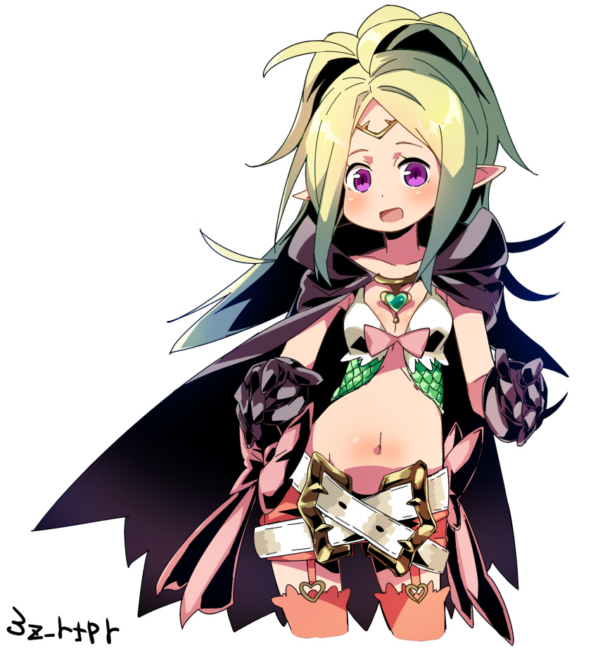 1girl ahoge belt cape circlet fire_emblem fire_emblem:_kakusei garter_straps gloves green_hair highres long_hair navel nowi_(fire_emblem) open_mouth pointy_ears ponytail sanzui short_shorts shorts smile solo thigh-highs violet_eyes