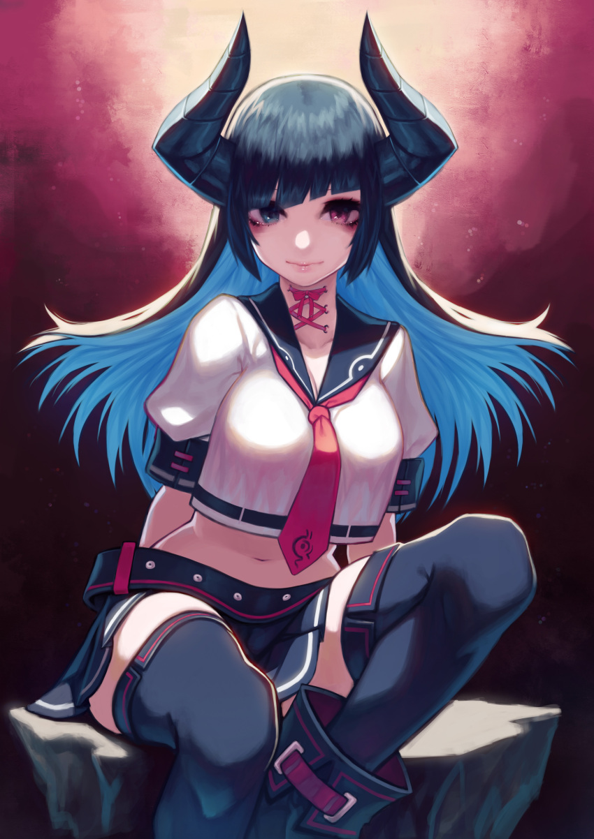 1girl absurdres arms_at_sides arms_behind_back bangs belt black_boots black_hair black_legwear black_skirt blue_eyes blue_hair boots breasts closed_mouth collarbone crop_top demon_horns doku-chan_(dokkudokudoku) heterochromia highres horns long_hair looking_at_viewer medium_breasts midriff miniskirt multicolored_hair navel neck_ribbon necktie original pink_lips pink_ribbon puffy_short_sleeves puffy_sleeves red_eyes ribbon sailor_collar school_uniform shirt short_sleeves sitting skirt smile solo stitches streaked_hair thigh-highs two-tone_hair white_shirt you_dokuo