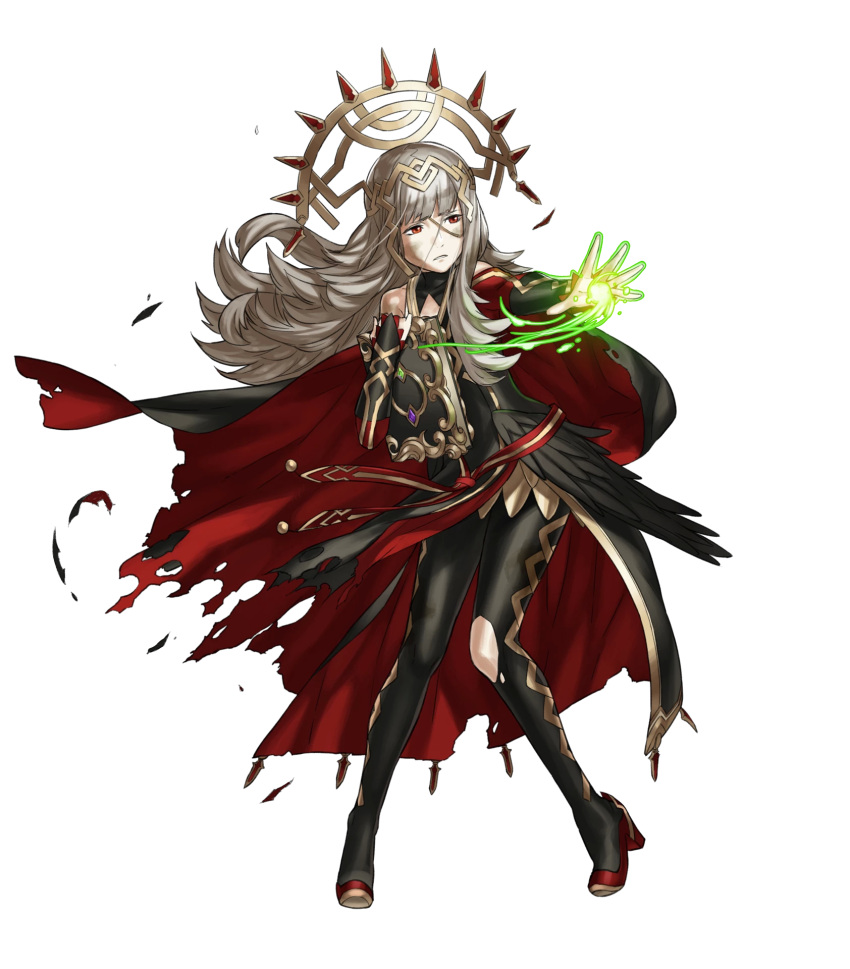 1girl book cape crown feathers fire_emblem fire_emblem_heroes full_body grey_hair highres injury kozaki_yuusuke long_hair official_art orange_eyes solo teeth thigh-highs torn_clothes transparent_background veronica_(fire_emblem)