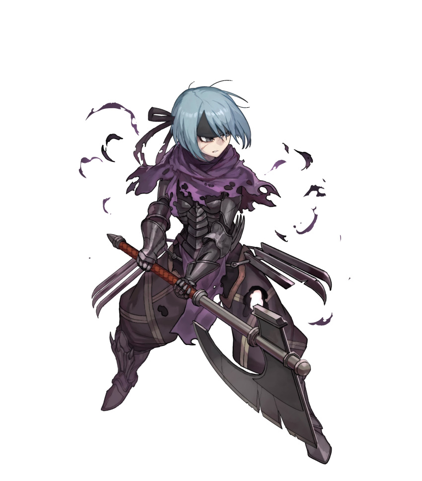 1girl armor armored_boots axe belka_(fire_emblem_if) black_eyes blue_hair boots capelet fire_emblem fire_emblem_heroes fire_emblem_if full_body gloves headband highres injury lack official_art scar solo teeth torn_clothes transparent_background weapon