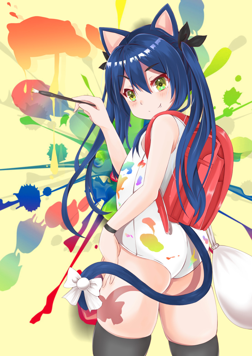 1girl absurdres animal_ears ass backpack bag black_legwear blue_hair cat_ears cat_tail dirty fang from_behind green_eyes highres long_hair looking_back one-piece_swimsuit original paint paint_splatter paintbrush painting randoseru ribbon ryuuki_(ryuki121455) school_swimsuit smile solo swimsuit tail thigh-highs twintails white_school_swimsuit white_swimsuit