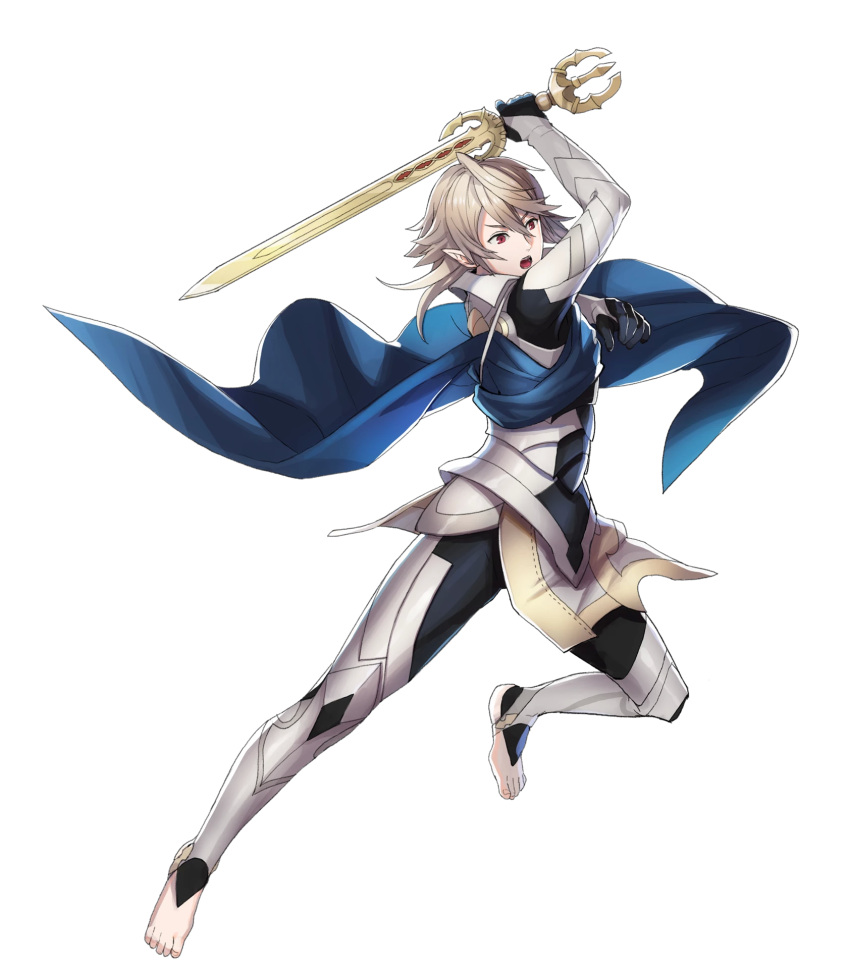 1boy armor artist_request attack bangs black_gloves blue_cape cape collar fire_emblem fire_emblem_heroes fire_emblem_if gloves highres holding holding_sword holding_weapon katana male_focus male_my_unit_(fire_emblem_if) my_unit_(fire_emblem_if) official_art open_mouth pointy_ears red_eyes serious silver_hair solo spiky_hair sword teeth toeless_legwear weapon