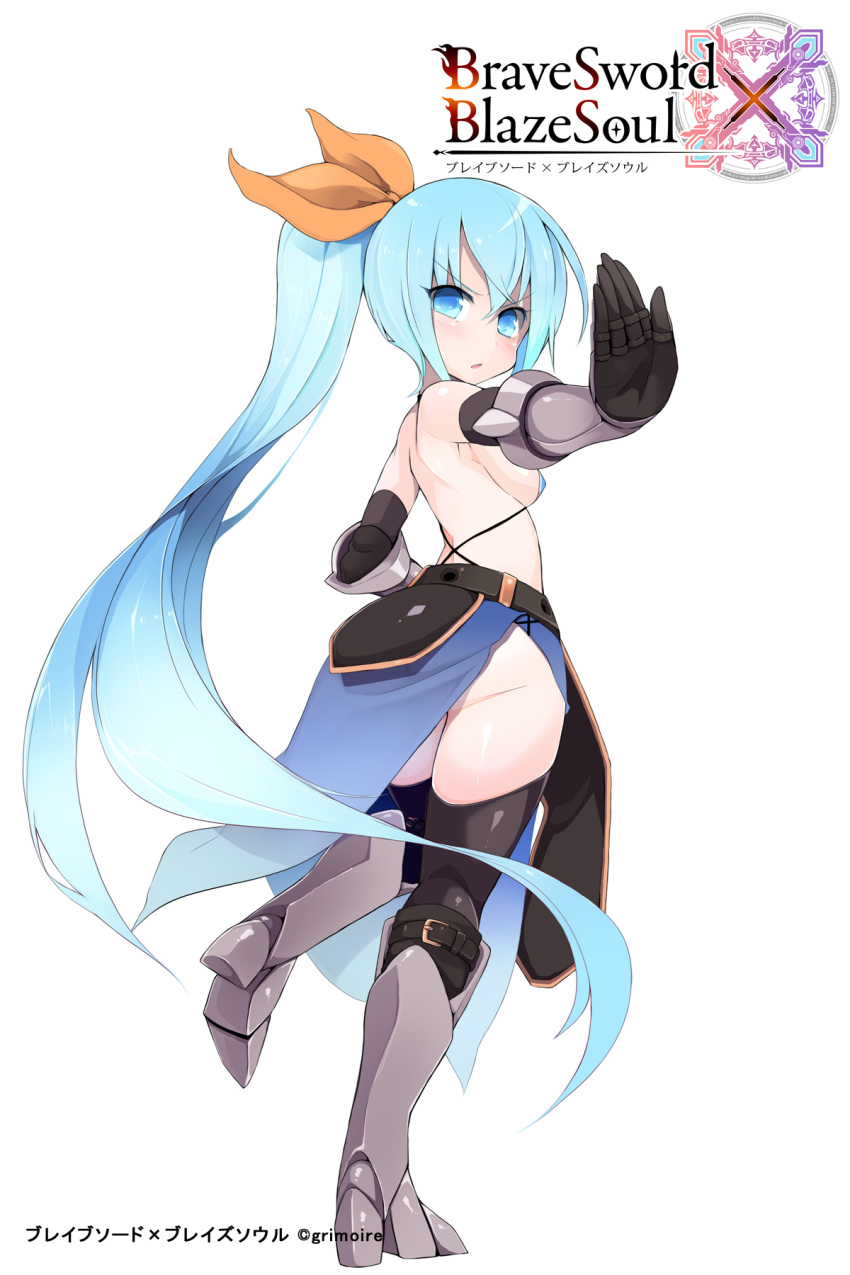 1girl armor ass belt bikini_top black_legwear blue_eyes blue_hair brave_sword_x_blaze_soul breasts elbow_gloves from_behind gloves highres long_hair looking_back matuken1027 outstretched_arm pelvic_curtain ponytail ribbon sideboob skirt solo standing standing_on_one_leg thigh-highs vambraces very_long_hair