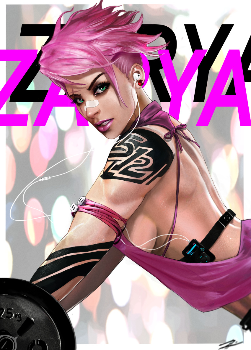 1girl absurdres bare_back cable character_name digital_media_player drawstring earphones earphones from_side green_eyes highres looking_at_viewer petri_rahkola pink_hair pink_shirt scar scar_across_eye shirt sleeveless solo tank_top upper_body zarya_(overwatch)