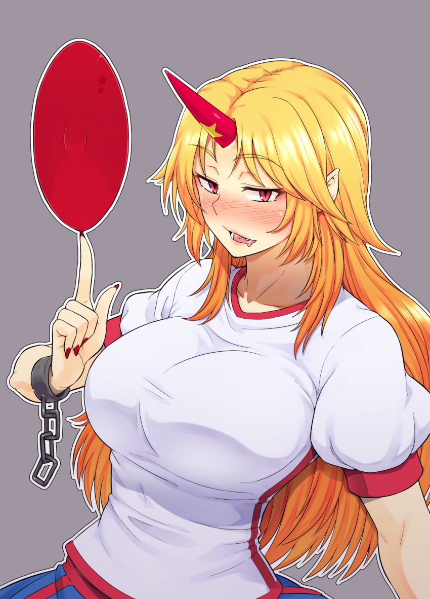 1girl balancing blonde_hair blush breasts chains collarbone cuffs cup drooling fang fingernails grey_background highres horn hoshiguma_yuugi kakone large_breasts long_fingernails long_hair looking_at_viewer nail_polish oni open_mouth pointy_ears puffy_short_sleeves puffy_sleeves red_eyes sakazuki shackles sharp_fingernails shirt short_sleeves simple_background skirt slit_pupils smile solo star touhou upper_body white_shirt