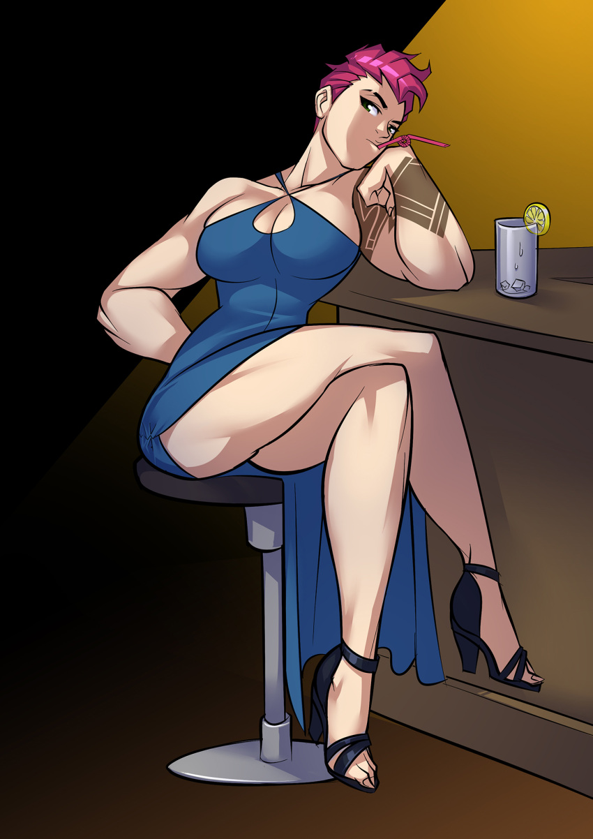 1girl bar bar_stool bare_legs blue_dress breasts cleavage cocktail_dress dress drinking_straw eyebrows glass green_eyes hand_on_hip high_heels highres large_breasts legs_crossed long_dress mouth_hold muscle muscular_female no_bra overwatch pink_hair ryuusei_(mark_ii) short_hair side_slit sitting solo spaghetti_strap stool tattoo thighs very_short_hair zarya_(overwatch)