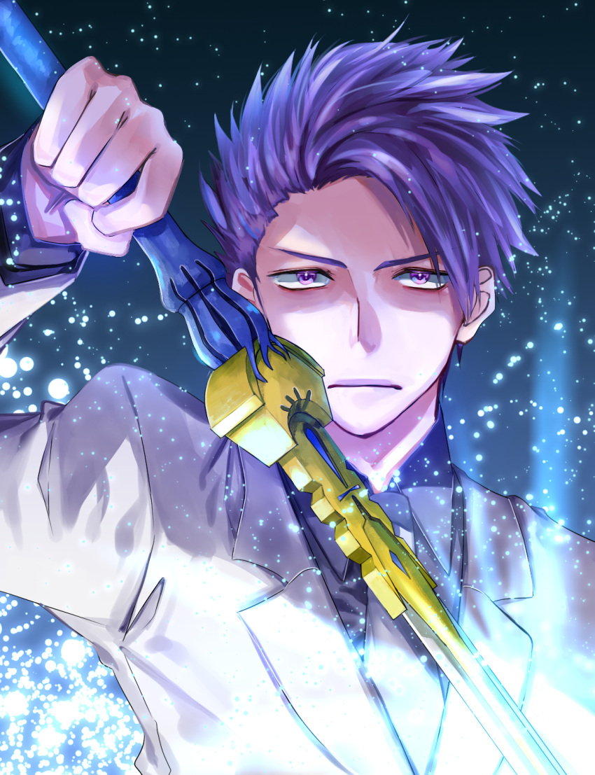 1boy alternate_costume business_suit commentary_request cowboy_shot fate/grand_order fate_(series) formal highres holding holding_sword holding_weapon lancelot_(fate/grand_order) long_sleeves looking_at_viewer necktie nima_(dori-ss) purple_hair suit sword upper_body violet_eyes weapon