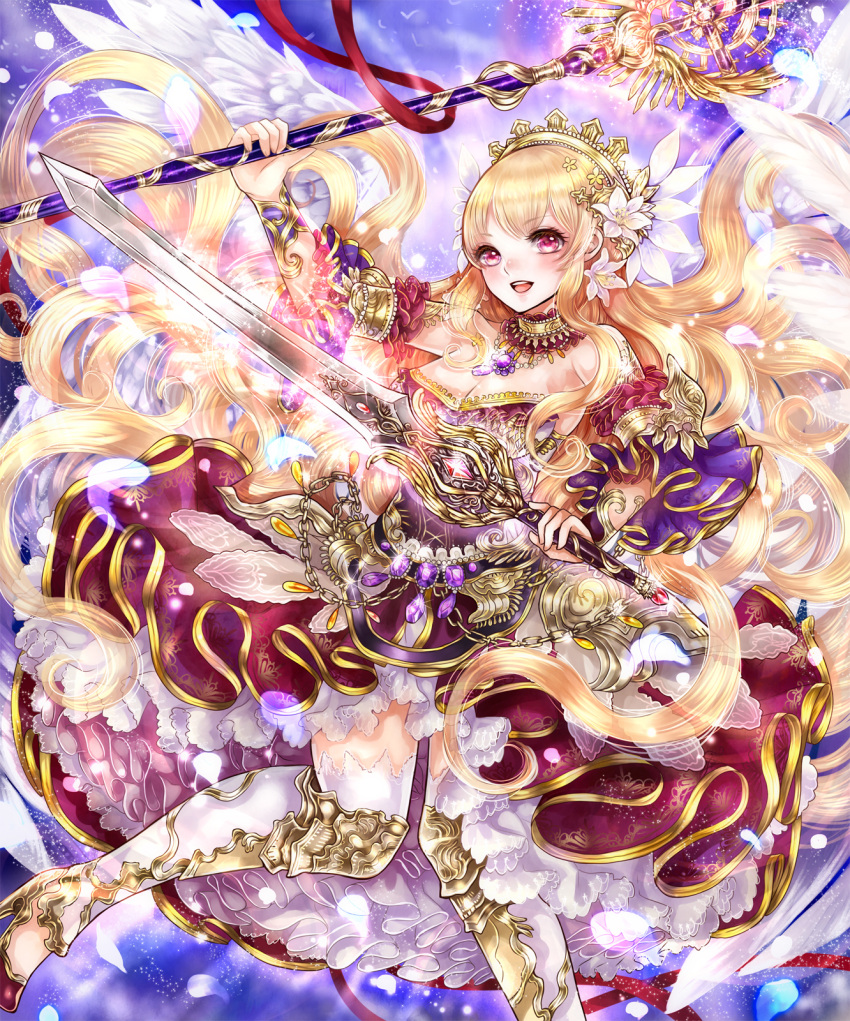 1girl angel_wings bare_shoulders blonde_hair crown dress flower greek_mythology hair_flower hair_ornament haruci highres holding holding_staff holding_sword holding_weapon long_hair looking_at_viewer nike_(mythology) open_mouth petals petticoat shingoku_no_valhalla_gate solo staff sword thigh-highs very_long_hair weapon white_legwear wings