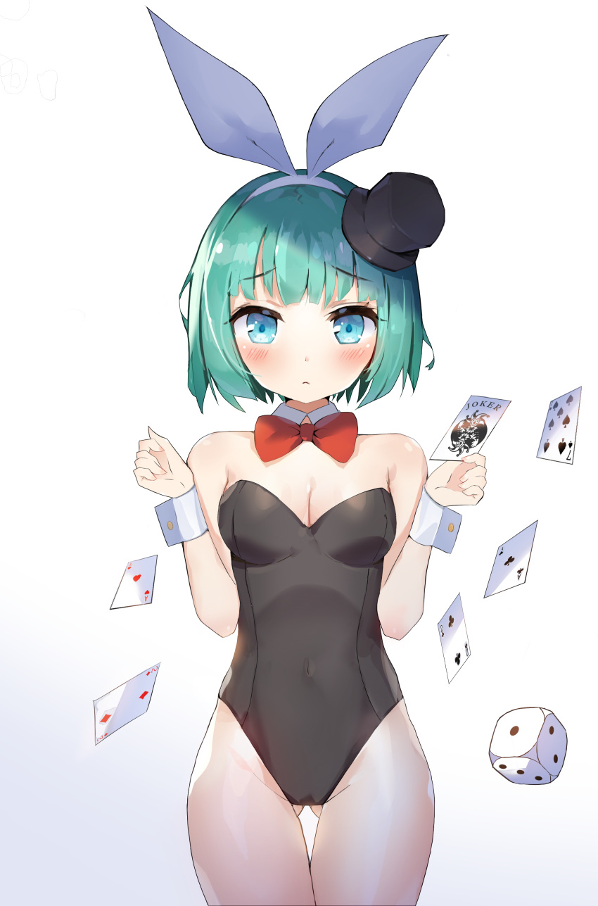 1girl absurdres animal_ears blue_eyes bow bowtie breasts bunny_tail bunnysuit card cowboy_shot crying_eye detached_collar dice facing_viewer gluteal_fold green_hair hat highres looking_at_viewer mini_hat mini_top_hat original playing_card rabbit_ears short_hair small_breasts solo tail top_hat wrist_cuffs