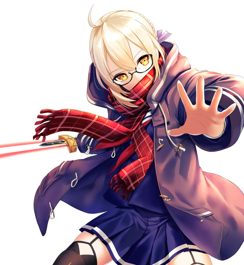 1girl ahoge black_legwear blonde_hair braid excalibur fate/grand_order fate_(series) garter_straps glasses heroine_x heroine_x_(alter) highres infinote jacket looking_at_viewer outstretched_hand plaid plaid_scarf red_scarf saber scarf school_uniform semi-rimless_glasses serafuku simple_background solo sword thigh-highs under-rim_glasses weapon white_background yellow_eyes