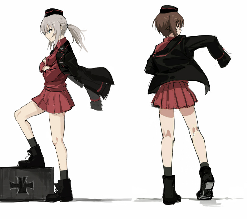 2girls alternate_hairstyle ankle_boots bangs black_boots black_hat black_jacket black_legwear blue_eyes boots brown_eyes brown_hair crossed_arms dress_shirt dressing emblem from_behind from_side full_body garrison_cap girls_und_panzer hat highres iron_cross itsumi_erika jacket jacket_on_shoulders long_hair long_sleeves looking_at_viewer looking_back military military_hat military_uniform miniskirt multiple_girls nishizumi_maho pleated_skirt ponytail red_shirt red_skirt shirt short_hair silver_hair simple_background sketch skirt socks standing thorn_(ashthorn) uniform white_background