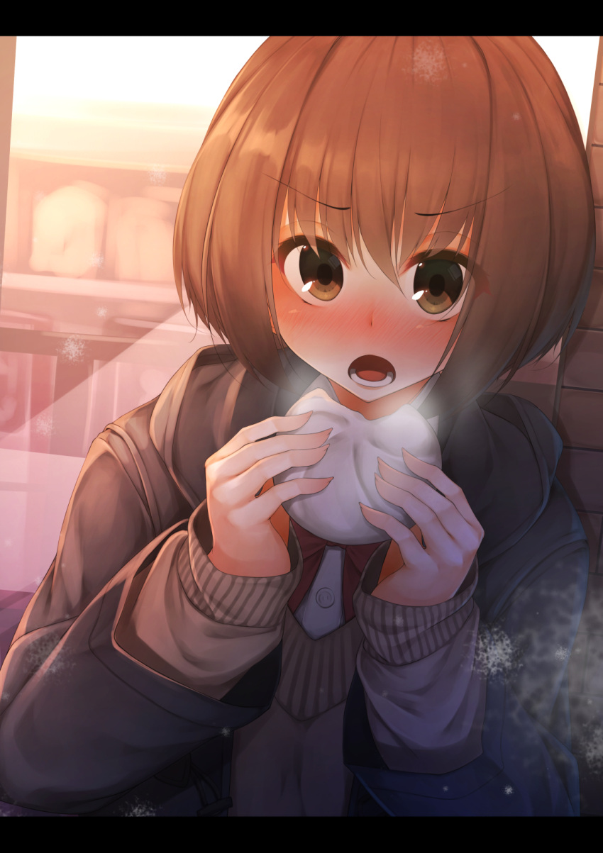 &gt;:o 1girl :o bangs baozi black_jacket blush bow bowtie breath brown_eyes brown_hair brown_sweater buttons eyebrows_visible_through_hair fingernails food highres holding holding_food hood hood_down jacket letterboxed long_fingernails long_sleeves looking_at_viewer nose_blush open_clothes open_jacket open_mouth original outdoors red_bow red_bowtie reflective_eyes rerrere school_uniform shirt short_hair sleeves_past_wrists solo teeth upper_body white_shirt window