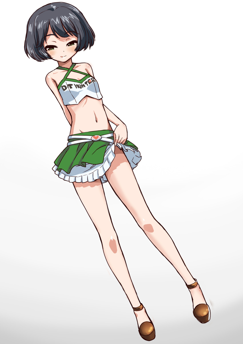 1girl :d absurdres alternate_costume arm_behind_back bangs belt black_eyes black_hair closed_mouth criss-cross_halter crop_top dutch_angle full_body girls_und_panzer gradient gradient_background green_skirt halter_top halterneck heart highres layered_skirt light_smile looking_at_viewer miniskirt navel open_mouth pleated_skirt racequeen sabaku_chitai sandals shirt short_hair skirt skirt_lift smile solo standing utsugi_yuuki white_background white_shirt