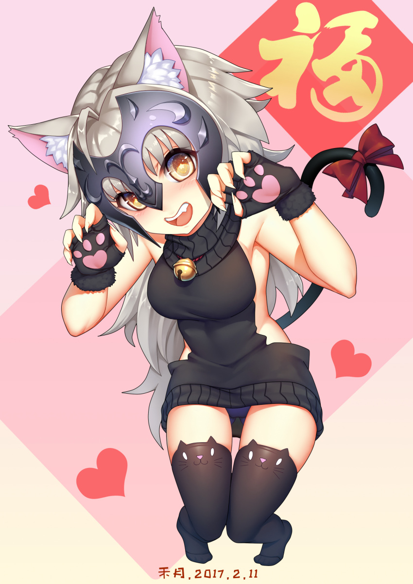 1girl :f absurdres ahoge animal_band_legwear animal_ears backless_outfit bangs bare_shoulders bell black_legwear black_sweater bow breasts cat_band_legwear cat_ears cat_tail claw_pose dress fang fate/grand_order fate_(series) fingerless_gloves fingernails from_above fur_trim gloves gluteal_fold gradient gradient_background head_tilt headpiece heart highres jeanne_alter jingle_bell kemonomimi_mode long_fingernails long_hair looking_at_viewer medium_breasts no_shoes open-back_dress open_mouth panties paw_gloves paw_print paws pigeon-toed print_gloves purple_panties red_bow ruler_(fate/apocrypha) sharp_fingernails shiny shiny_hair sideboob silver_hair sitting solo star star-shaped_pupils sweater sweater_dress symbol-shaped_pupils tail tail_bow thigh-highs ttheyue turtleneck turtleneck_sweater two-tone_background underwear upskirt very_long_hair virgin_killer_sweater yellow_background yellow_eyes