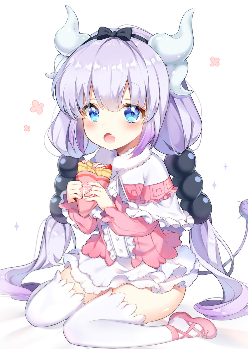 1girl bangs beads black_hairband blue_eyes blush bow capelet crepe dragon_girl dragon_horns dragon_tail dress eyebrows_visible_through_hair fang food full_body gradient_hair hair_beads hair_bow hair_ornament hairband highres holding holding_food horns kanna_kamui kobayashi-san_chi_no_maidragon long_hair long_sleeves looking_at_viewer monster_girl multicolored_hair open_mouth pingo pink_shoes shiny shiny_skin shoes short_dress silver_hair simple_background sitting solo tail thigh-highs tied_hair twintails wariza white_background white_legwear