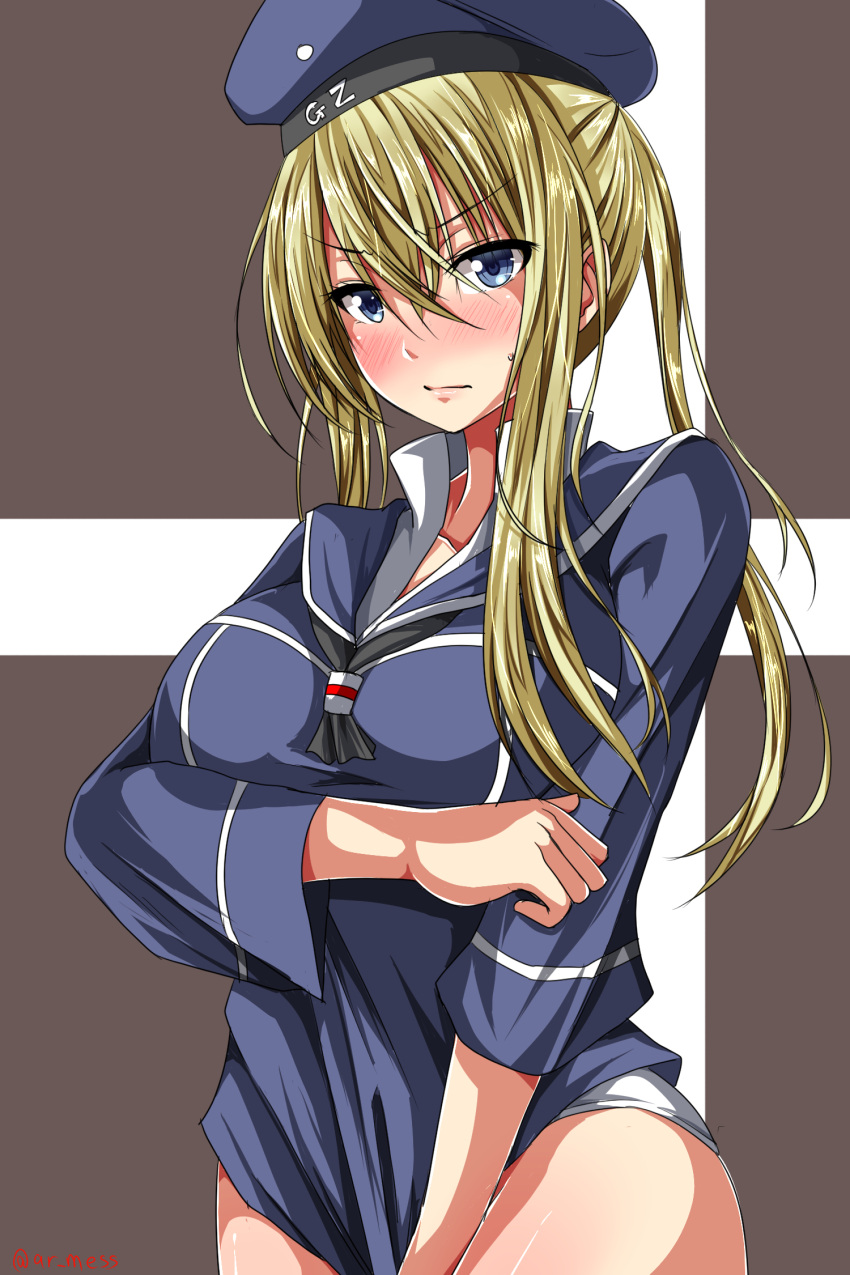 1girl alternate_costume ar_(lover_boy) blonde_hair blue_eyes breasts commentary_request cosplay embarrassed graf_zeppelin_(kantai_collection) hair_between_eyes hat highres kantai_collection large_breasts long_hair looking_at_viewer military military_hat military_uniform panties pantyshot solo undersized_clothes underwear uniform z1_leberecht_maass_(kantai_collection) z1_leberecht_maass_(kantai_collection)_(cosplay)