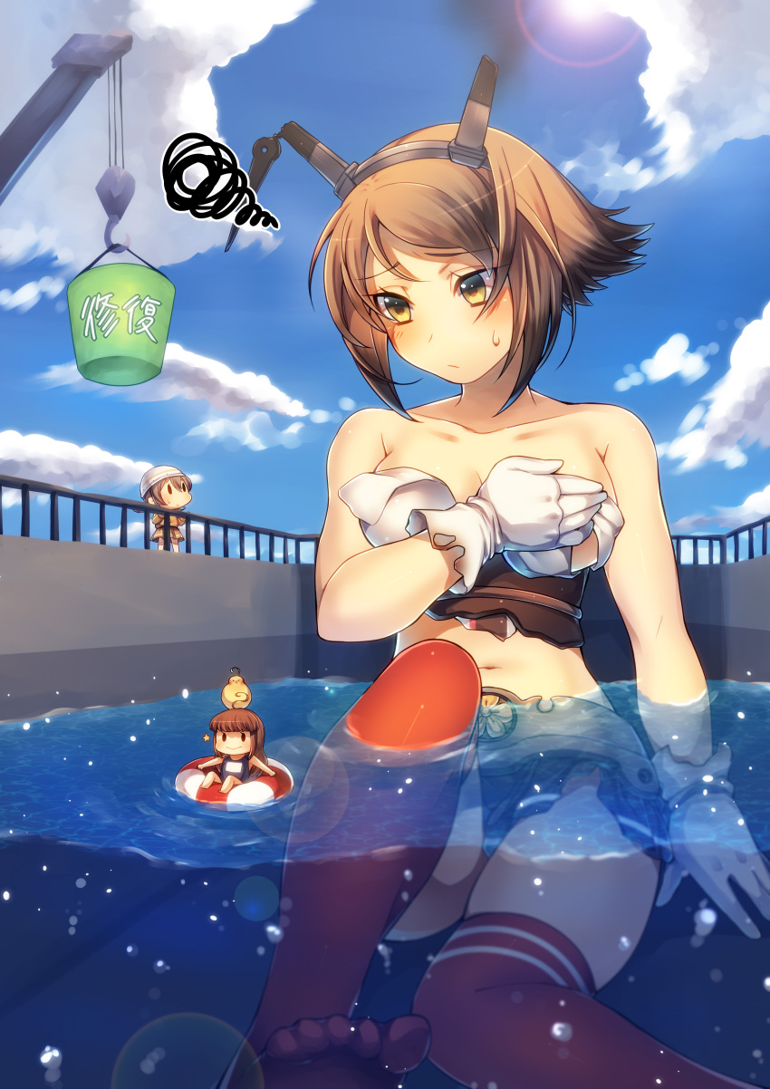 3girls 46cm_triple_gun_mount absurdres bangs blush breasts brown_eyes brown_hair bubble bucket cleavage clouds collarbone covering covering_one_breast crane damage_control_crew_(kantai_collection) damaged day embarrassed fairy fairy_(kantai_collection) giantess gloves headgear highres kantai_collection large_breasts lens_flare midriff mk multiple_girls mutsu_(kantai_collection) navel outdoors panties pantyshot pantyshot_(sitting) partially_submerged railing red_legwear repair_bucket short_hair sitting sky solo_focus spoken_squiggle squiggle striped striped_legwear sweat thigh-highs torn_clothes underwear white_gloves white_panties