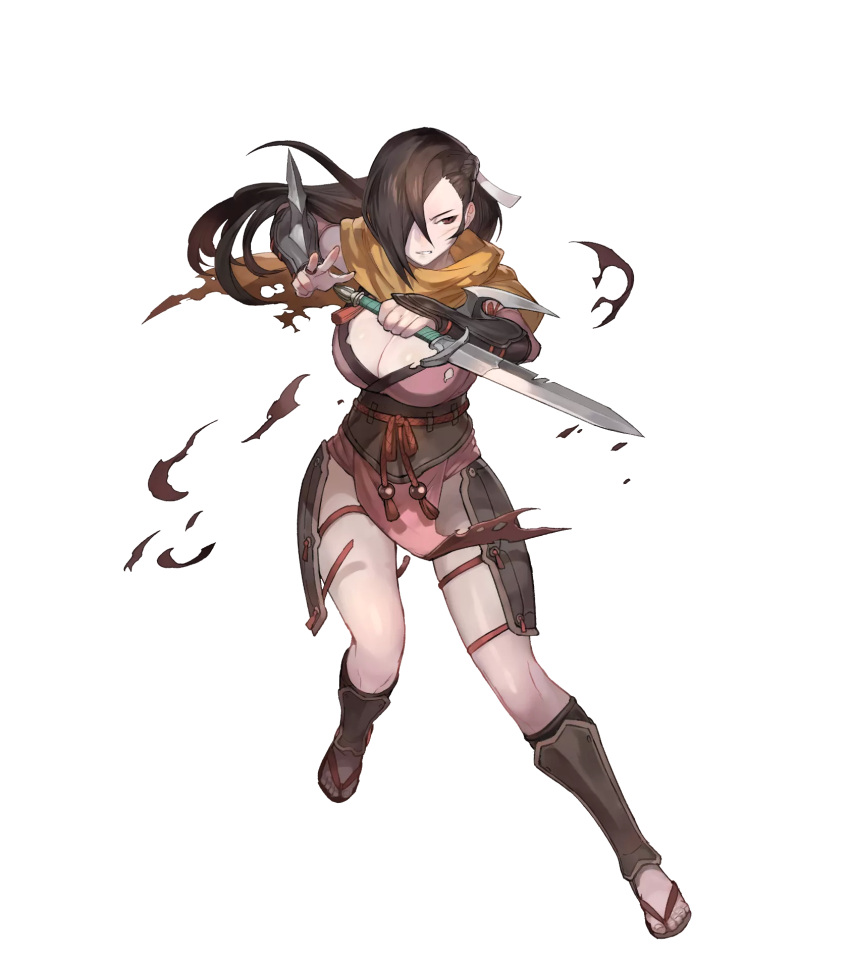 1girl breasts brown_eyes brown_hair cleavage dagger fire_emblem fire_emblem_heroes fire_emblem_if full_body hair_over_one_eye highres injury kagerou_(fire_emblem_if) lack large_breasts long_hair official_art ponytail sandals scar scarf solo teeth torn_clothes transparent_background weapon