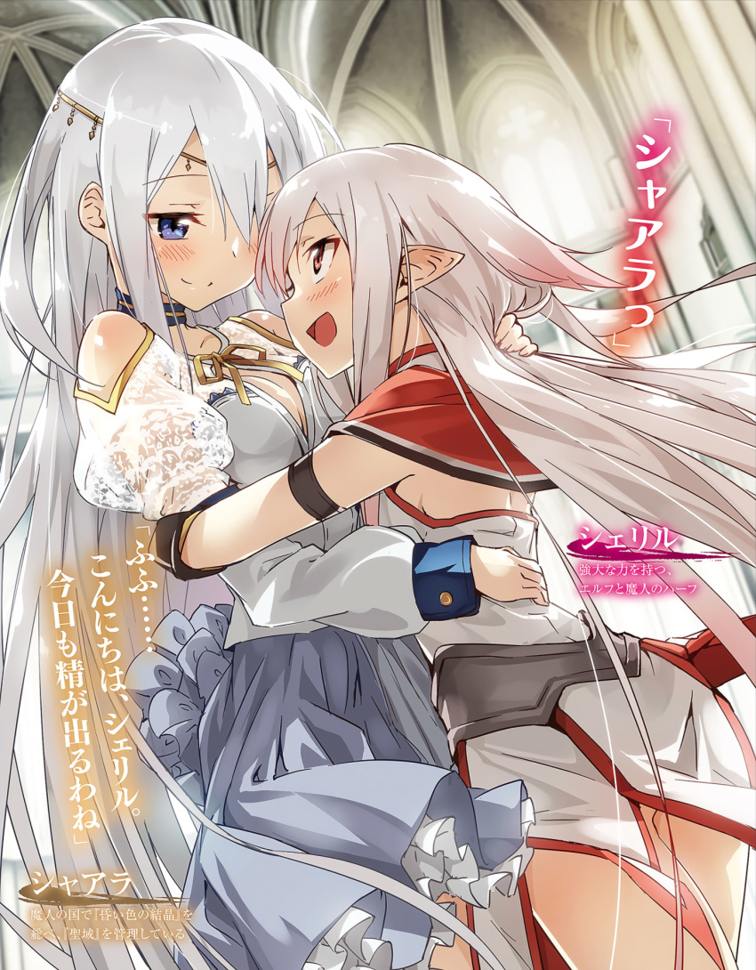 2girls :d armband bare_shoulders blue_eyes blush breasts brown_eyes bun150 capelet character_name choker circlet cleavage cleavage_cutout dress eye_contact highres hug indoors long_hair looking_at_another multicolored_hair multiple_girls open_mouth pointy_ears silver_hair smile two-tone_hair very_long_hair