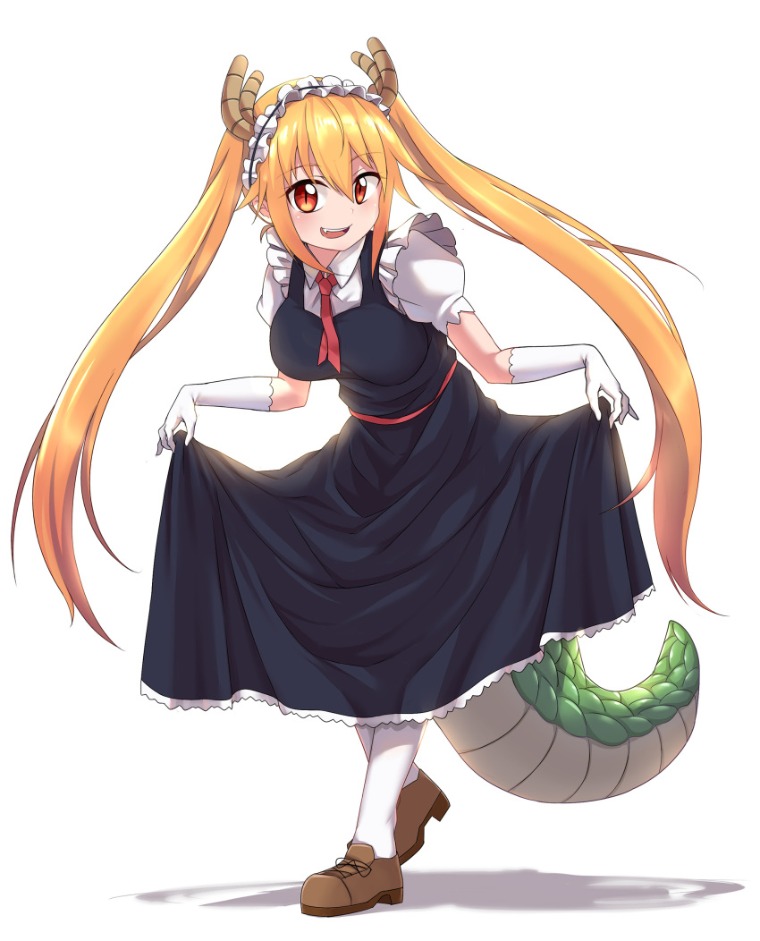 1girl absurdres bangs blonde_hair breasts caibao curtsey dragon_girl dragon_horns dragon_tail dress dress_lift eyebrows_visible_through_hair fang full_body gloves highres horns kobayashi-san_chi_no_maidragon long_hair looking_at_viewer maid maid_headdress medium_breasts monster_girl necktie red_eyes red_necktie sash scales shoes short_sleeves skirt_hold slit_pupils smile solo standing tail tied_hair tooru_(maidragon) twintails white_background white_gloves white_legwear