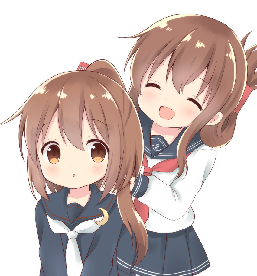 2girls :d :o absurdres anchor_symbol black_serafuku blush brown_eyes brown_hair chatsune_(white_lolita) closed_eyes comb combing commentary_request crescent crescent_moon_pin folded_ponytail fumizuki_(kantai_collection) highres inazuma_(kantai_collection) kantai_collection long_hair long_sleeves multiple_girls necktie open_mouth sailor_collar school_uniform serafuku simple_background smile white_background