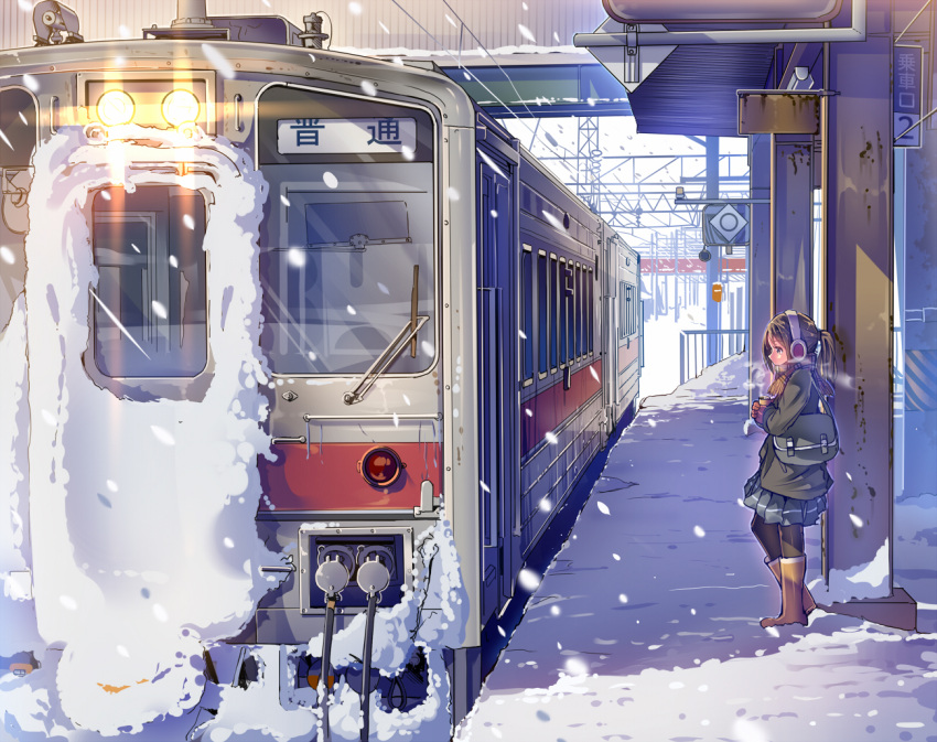 1girl brown_hair daito earmuffs ground_vehicle pantyhose short_hair snow snowing solo train train_station