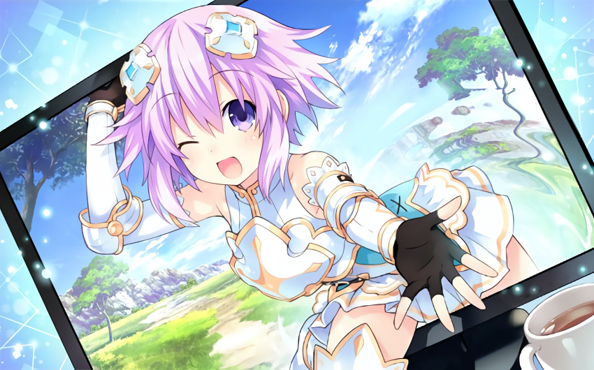 1girl absurdres blush boots choujigen_game_neptune cliff clouds coffee coffee_mug detached_sleeves dress fantasy fingerless_gloves four_goddesses_online:_cyber_dimension_neptune gloves gold_armor grass hair_ornament happy highres looking_at_viewer monitor neptune_(choujigen_game_neptune) neptune_(series) pink_hair purple_hair reaching_out rock short_hair sky smile solo thigh-highs thigh_boots tree tsunako violet_eyes white_dress