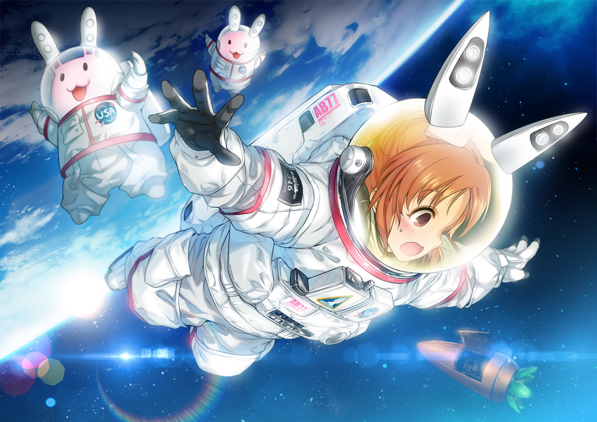 1girl :3 :d abe_nana animal animal_ears astronaut astronaut_helmet blurry blush brown_eyes brown_hair carrot clothed_animal depth_of_field diffraction_spikes earth eyebrows_visible_through_hair fake_animal_ears floating full_body highres idolmaster idolmaster_cinderella_girls lens_flare light_particles looking_at_viewer looking_away number open_hand open_mouth outstretched_arms palms ponytail pouch profile rabbit rabbit_ears ress short_hair smile space space_craft spacesuit spread_arms spread_fingers surprised sweatdrop