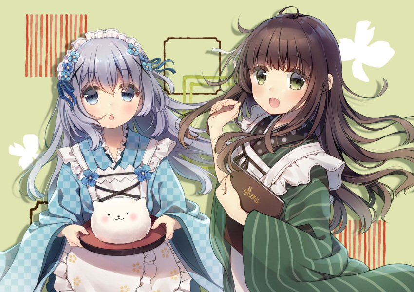 2girls :d :o ama_usa_an_uniform angora_rabbit animal apron bangs blue_bow blue_eyes blue_flower blue_hair blue_ribbon blunt_bangs blush bow brown_hair checkered chestnut_mouth eyebrows_visible_through_hair flat_chest floating_hair floral_print flower frilled_apron frills gochuumon_wa_usagi_desu_ka? green_background green_eyes green_kimono hair_between_eyes hair_flower hair_ornament hair_ribbon holding holding_tray japanese_clothes kafuu_chino kimono long_hair long_sleeves looking_at_viewer maid_headdress menu mitsuki_ponzu multiple_girls open_mouth polka_dot print_apron rabbit ribbon shiny shiny_hair smile tippy_(gochiusa) tray ujimatsu_chiya upper_body wa_maid waitress white_apron wide_sleeves